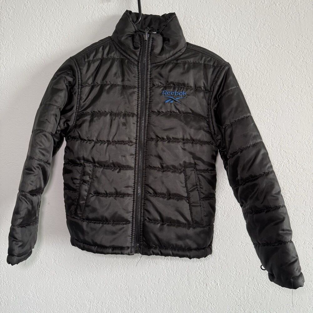 Reebok Puffer Jacket Boys Size S 8 Black Blue Logo Full Zip